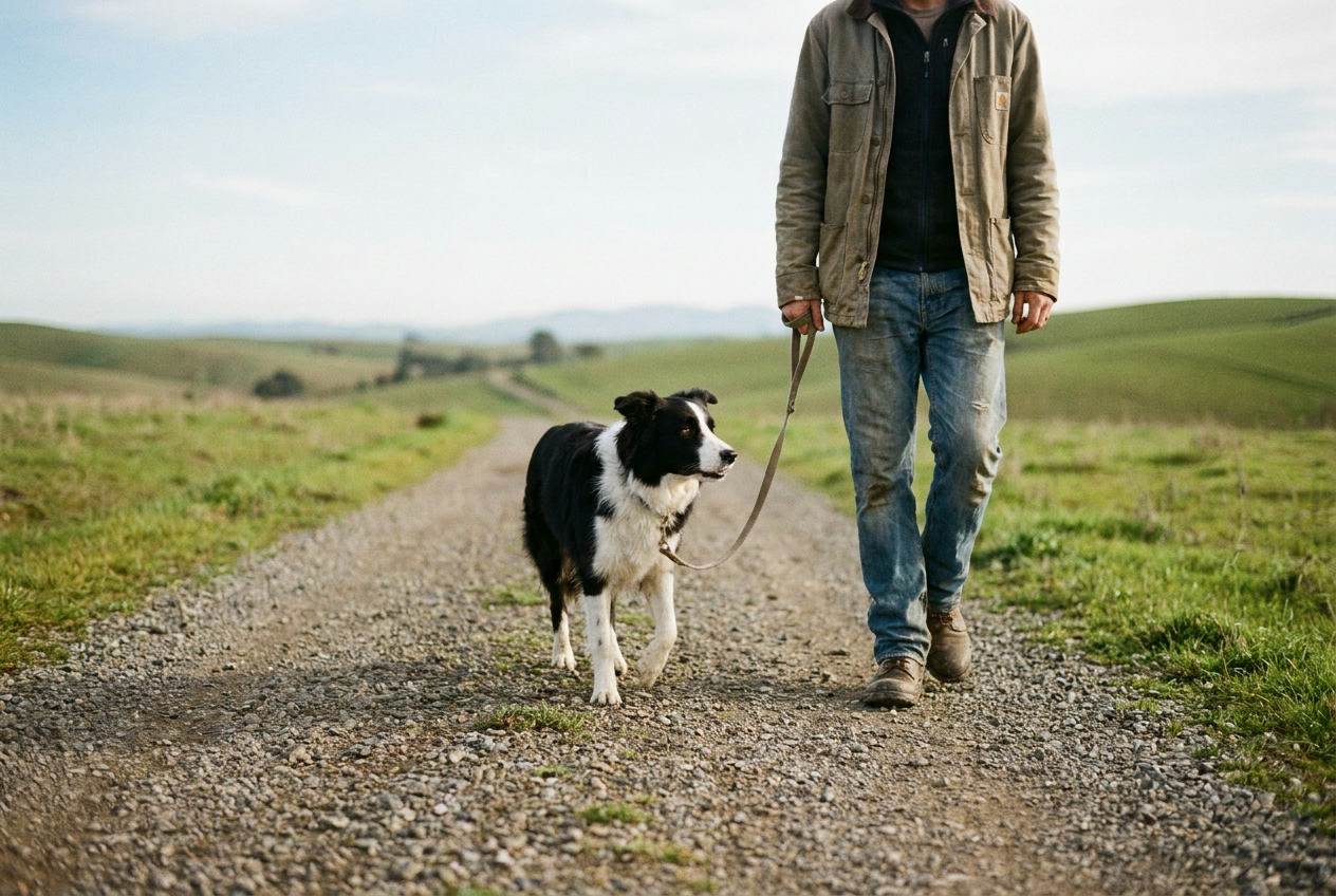 A person walking a border collie along a country trail under an open sky